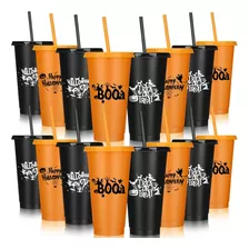 12 Vasos De Plástico De Halloween Con Popote Y Tapa, 24 Oz, 