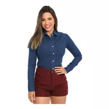 Camisa Jeans Feminina Manga Longa Slim Com Lycra Bamborra