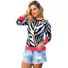 Blusa Feminina Tricot Trico Modal Estampa Zebra Animal Neon