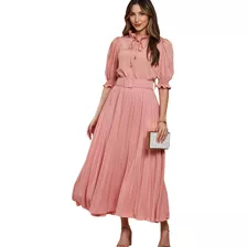 Vestido Longo Com Cinto Tendência P M G Gg Rosa Plissado Top