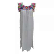 Hermoso Vestido Largo Manta Artesanal Mexicano Flores Maxi 