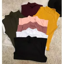 Blusa Canelada Geisa Regata Gola Alta Sem Bojo Moda Top