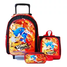 Mochila Sonic Force Rodinhas Lancheira Estojo Kit