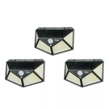 Kit 3 Luminária Solar Parede 100led Sensor Funçõe 3 Presença Cor Preto 3,7