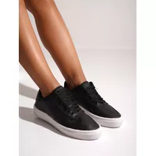 Zapatillas Negras Moda Mujer Urbanas Cuero Bajas Cordon