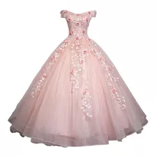 Vestido De Quinceañera Color Rosa Barato Flores Economico