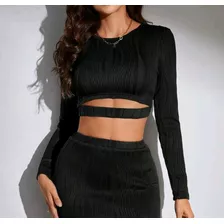 Conjunto Negro Blusa Manga Larga Y Falda, Talla L, Shein.