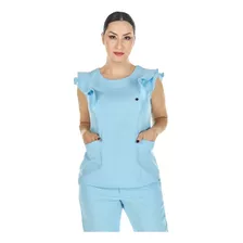 Blusa Scrub Feminina Sem Manga Babados Azul Bebê