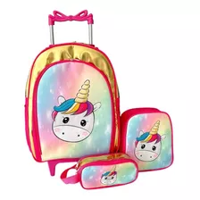 Mochila Unicornio Dourado Magic Rodinhas Lanch Estojo