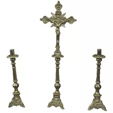 Conjunto Altar Bronze Missa 2 Castiçais 33cm 1 Crucifixo 57c