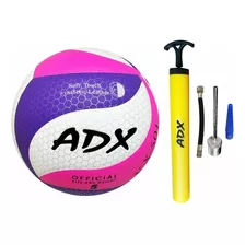 Balón Voleibol Vx501 + Bomba Adx Peso Y Medida Reglamentaria Color Rosa Con Morado Y Blanco