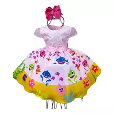 Vestido Temáticos Luxo Baby Shark Acomp Tiara Brinde