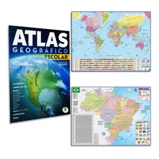 Kit Mapa Mundi Brasil Livro Atlas Escolar Geográfico Escolar 