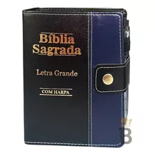 Bíblia Sagrada Letra Grande Botão Preta C/ Azul C/ Harpa