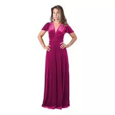 Vestido Largo York Fucsia Terciopelo Mangas Maria Paskaro