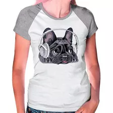 Camiseta Raglan Buldog Francês Pet Dog Cinza Branca Fem02
