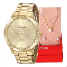 Kit Relógio Feminino Mondaine Original Dourado Cristais Luxo