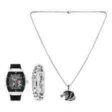 Ed Hardy Set Reloj Analógico Para Hombre /colgante /pulsera