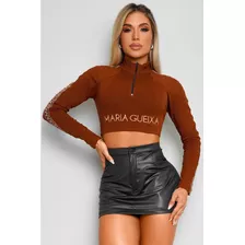 Blusa Cropped Top Tricot Gola Alta Zíper Maria Gueixa Marrom