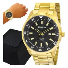 Relógio Seculus Masculino Original Dourado 1 Ano De Garantia