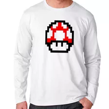 Camiseta Manga Longa Blusa Super Mario Bros Pixel Mushroom