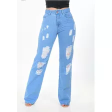 Calça Jeans Feminina Wide Leg Destroyed Premium Pantalona