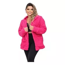 Casaco Feminino Teddy Com Capuz Longo Tendência Moda Inverno