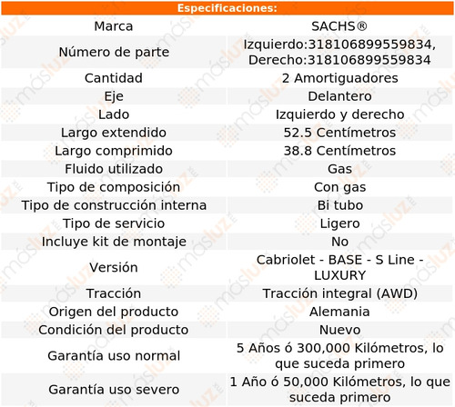 Kit 2 Amortiguadores Gas Del A5 Quattro L4 2.0l 10/14 Sachs Foto 2