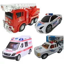 Kit4 Carro Bombeiro Policial 3d Pick-up Ambulância C/som Luz