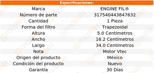 1- Filtro De Aire Prelude 2.2l 4 Cil 1992/2001 Engine Fil Foto 2