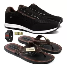 Kit Tenis Masculino Sapato Casual Confort + Chinelo Relogio 