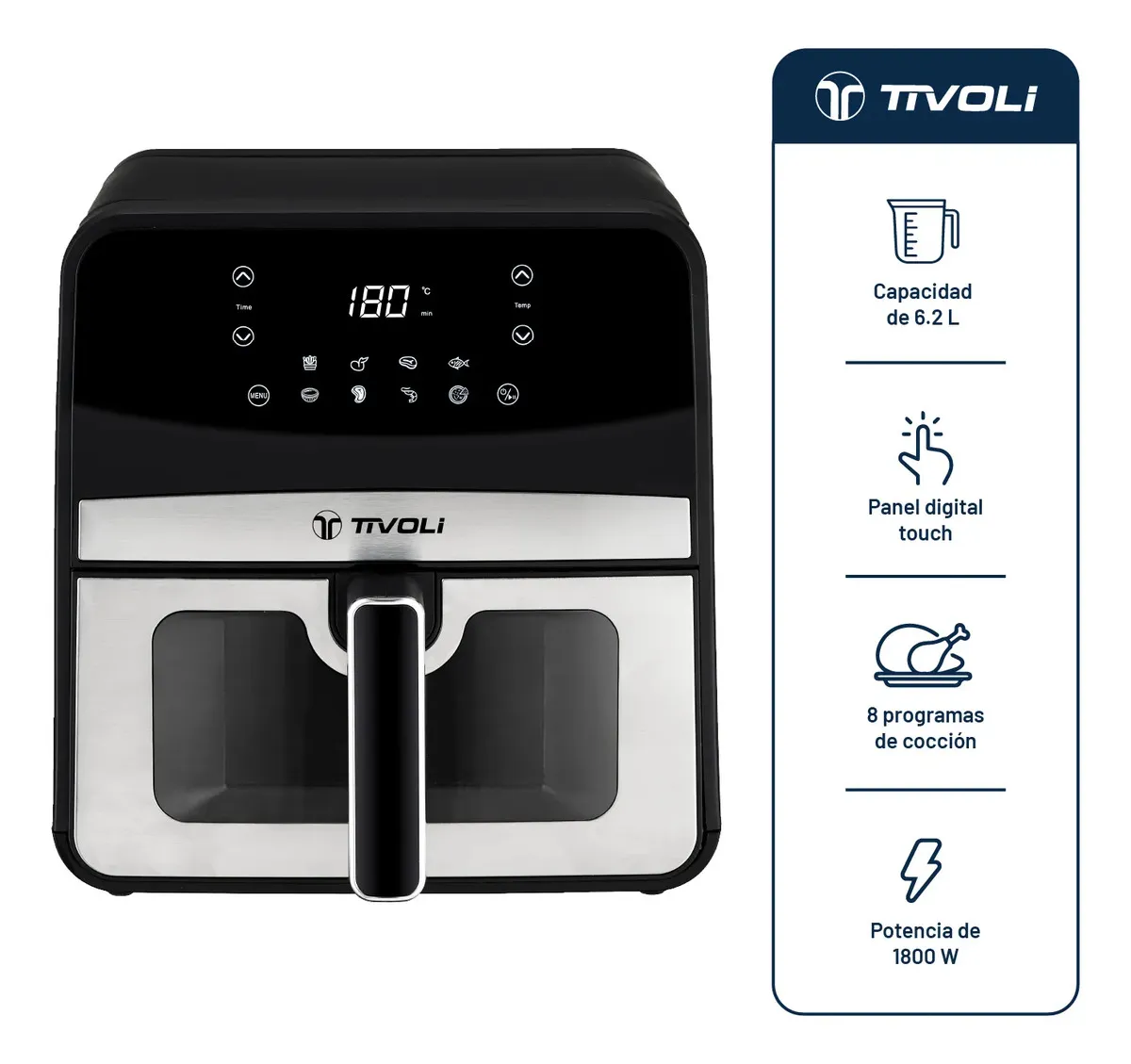 Freidora De Aire Digital Tivoli 6,2 Litros 1800w Air Fryer Con Panel Touch Y 8 Programas De Cocción