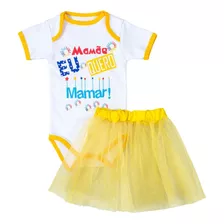 Conjunto De Bebê Body Mamãe Eu Quero Mamar Saia Amarelo