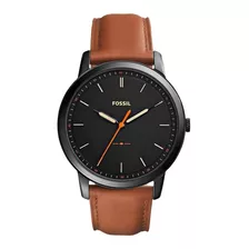 Reloj De Pulsera Fossil The Minimalist De Cuerpo Color Negro, Analógico, Para Hombre, Fondo Negro, Con Correa De Cuero Color Marrón, Agujas Color Negro, Blanco Y Naranja, Dial Blanco, Minutero/segunde