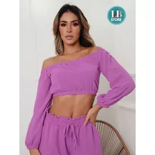 Cropped Darah Ciganinha Malha Poliéster Moda Blogueira