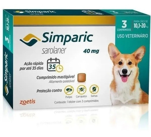 Simparic 40 Mg 10 A 20 Kg 3 Comprimidos Anti Pulga Carrapato