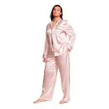 Pijama Victoria's Secret Satin Conjunto Rosa A Rayas