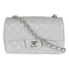 Bolsa Gris Claro Clásica Flap Maxi Con Cadena Plata