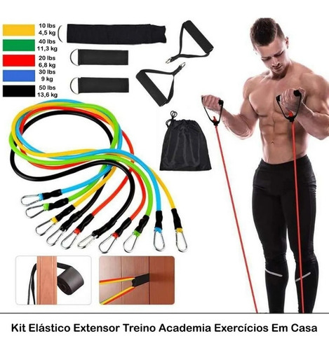 Kit Elástico Extensor 11 Itens Musculação Funcional Em Casa