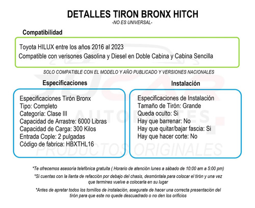 Tiron Jalon Hitch Remolque Toyota Hilux 2016-2021 Bronx Foto 8