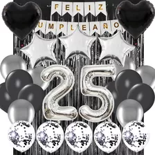 Combo Globos Kit Fiesta Cumple Deco Negro Plata