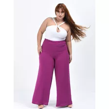 Calça Pantalona Wide Leg Plus Size Dade Crepe Duna Feminina