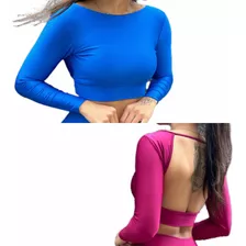 Top Cropped Manga Longa Fitness Frio Inverno Brilho 3d Forro