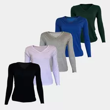 Kit 5 Blusa Feminina Manga Longa Viscolycra Gola V Básica