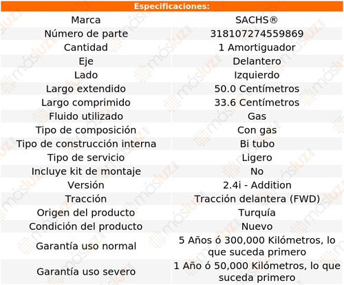 1- Amortiguador Gas Delantero Izq S40 L5 2.4l 07/10 Sachs Foto 2