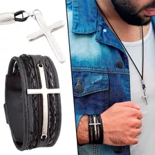 Pulseira Pingente Cruz E Jesus + Colar Cruz All Black Preto