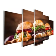 Quadros Decorativos Mosaico 5 Peças Hamburgueria Lanche 