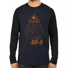 Camiseta Raglan Manga Longa Star Wars Bb8 Rey Jedi R2d2 Luke