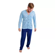 Pijama Masculino Longo Adulto Inverno Malha Aberto Botões