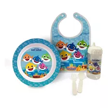 Kit Baby Shark Hora Da Papinha Prato Babador Copo E Talheres